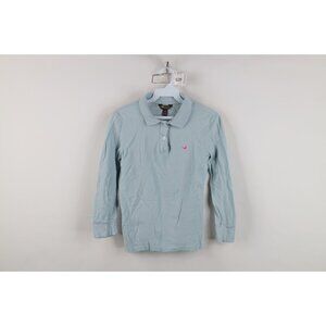 Vintage 90s Y2K Hollister Womens Medium Babydoll Long Sleeve Polo Shirt Blue